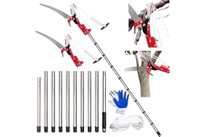 WODGOD Manual Pole Saw, 3-14 ft Extendable Tree Pruner, Sharp Steel Blade and Scissors High Branches Trimming,with Lightweight 10 Handles, Protective Glasses and Gloves, for Pruning Palms and Shrubs