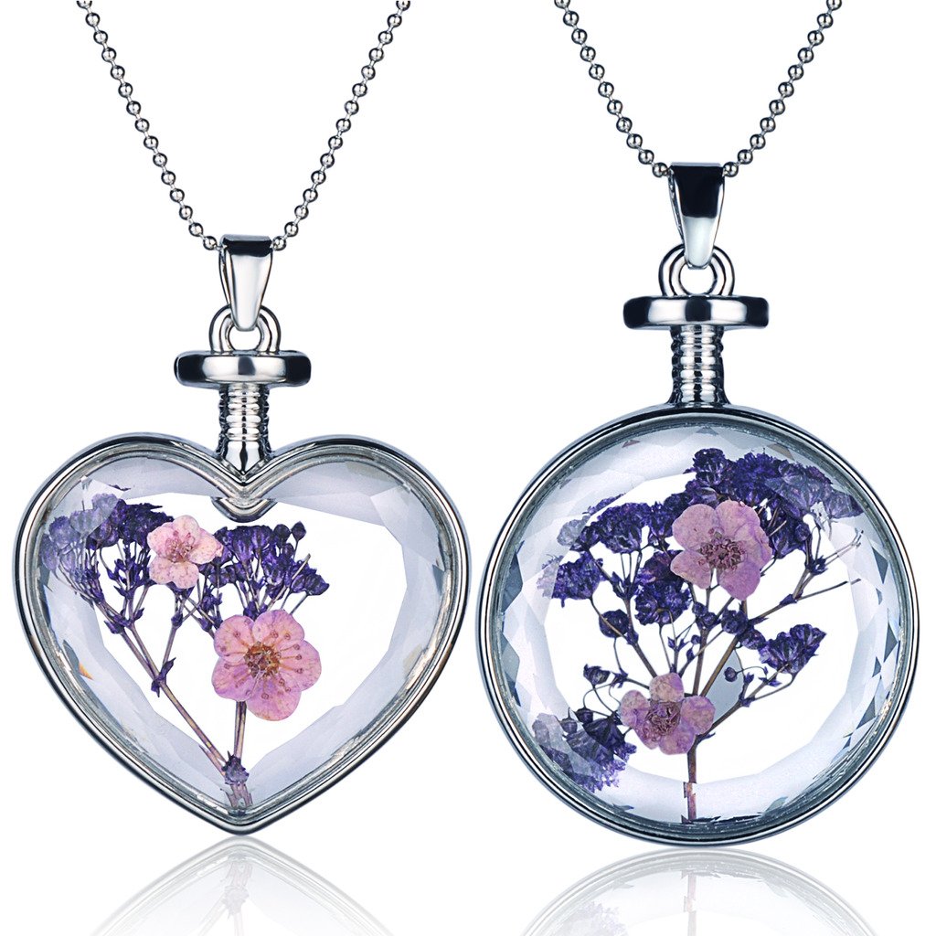 Yumilok 2pcs Purple Real Dry Flowers Forget me not Specimen Transparent Glass Alloy Heart Round Bottle Pendant Necklace for Women/Girls