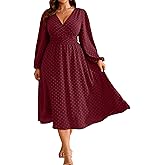 RWJ Women's Plus Size Fall Wedding Guest Dress Wrap V Neck Swiss Dot Lantern Long Sleeve Swing Boho Casual Dresses