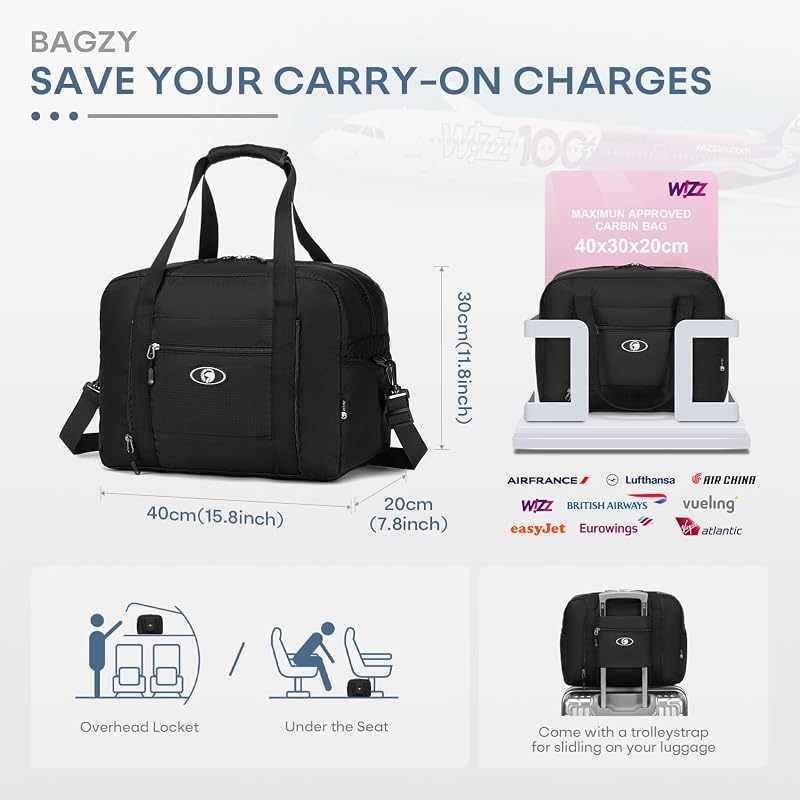 Mala de viagem 40x30x20 para bagagem de mão dobrável à prova d'água Vueling Wizzair com shoulder feminina Sports Holdall Fins de Semana 25L 2 Pacote