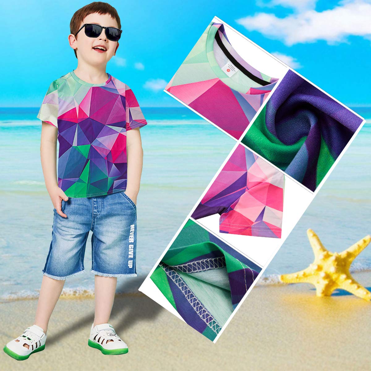 RAISEVERN Große Kinder T-Shirts Kurzarm Geometrisch Gedruckt Kleidung Stilvolle Rundhals T-Shirt T Tops für 12-13Years Girl Boy