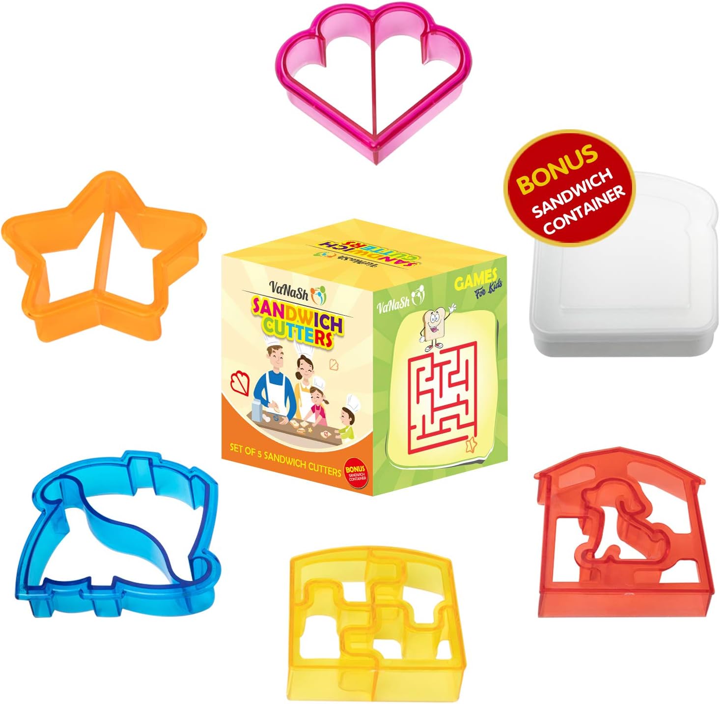 Sandwich Cutters for Kids -Set of 5 - Fun Bread Shapes plus BONUS Sandwich Holder Box for Lunches & School - Star, Puppy, Dinosaur, Hearts, Puzzle Shapes for Boys and Girls - Games on Sandwich Box