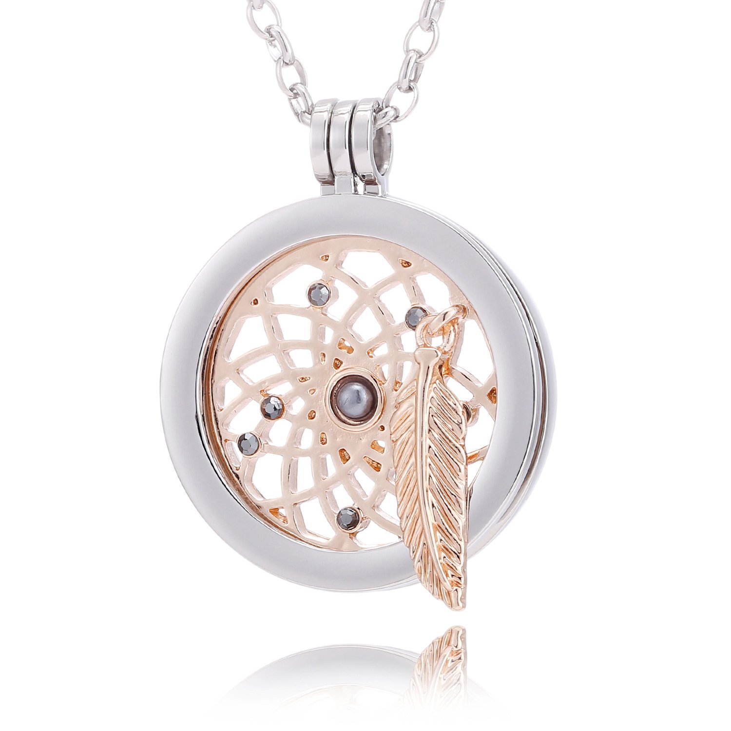 Morella Women Necklace 70 cm 27.5" Stainless Steel with Dreamcatcher Coin 33 mm 1,3" Pink Gold in a Velvet Jewelry Bag