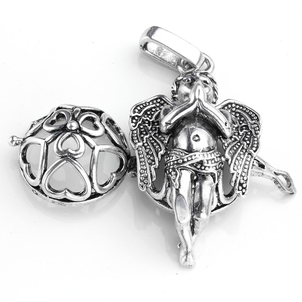 JOVIVI Engelsrufer Anhänger,Hollow Kinder Engel Käfig Locket Anhänger Halskette Ø 16mm Steinkugel mit 7 Chakra Halskette