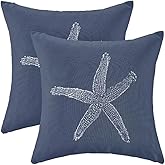 AEIOAE Coastal Pillow Covers 16X16 Inch Set of 2 Navy Blue Starfish Throw Pillow Covers Beach Pillowcase Linen Nautical Decor for Outdoor Home Sofa Bedroom Living Room