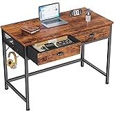 Furologee Small Computer Desk with 2 Fabric Drawers, 40 Inch Simple Home Office Desk, Writing Desk with Hooks, Study Table for Working Small Spaces, Makeup Desk for Bedroom, Rustic Brown