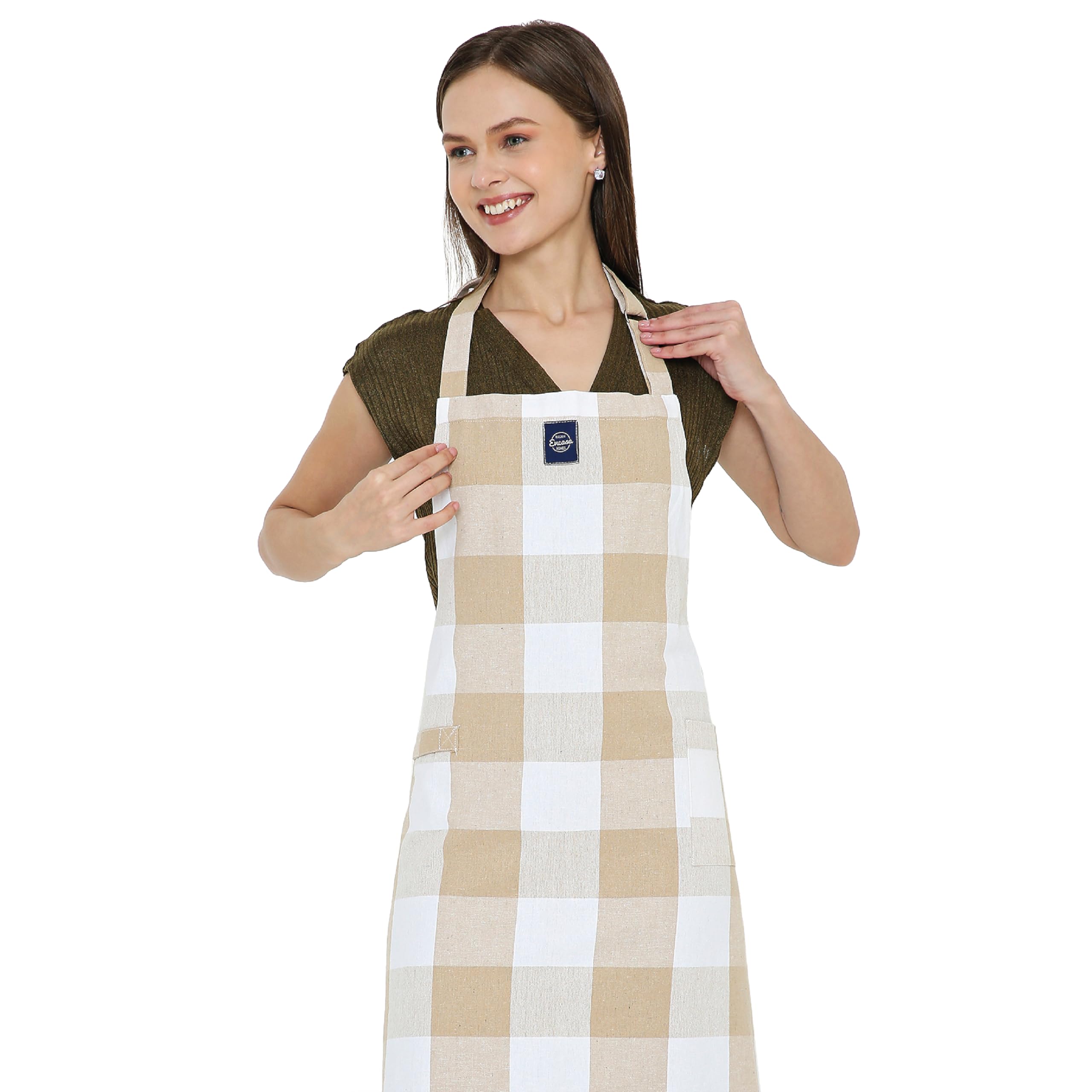 Encasa XO Adjustable Kitchen Cotton Apron With Pockets & Towel Holder Of Size 68x85 cm (Buffalo Beige Checks) for Men & Women Chefs For Cooking & Baking in Home, Restaurants & Barbeque