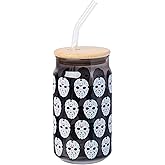 Silver Buffalo Friday the 13th Featuring Jason Vorhees Glass Jar Tumbler with Bamboo Lid and Glass Straw, 16 Ounces