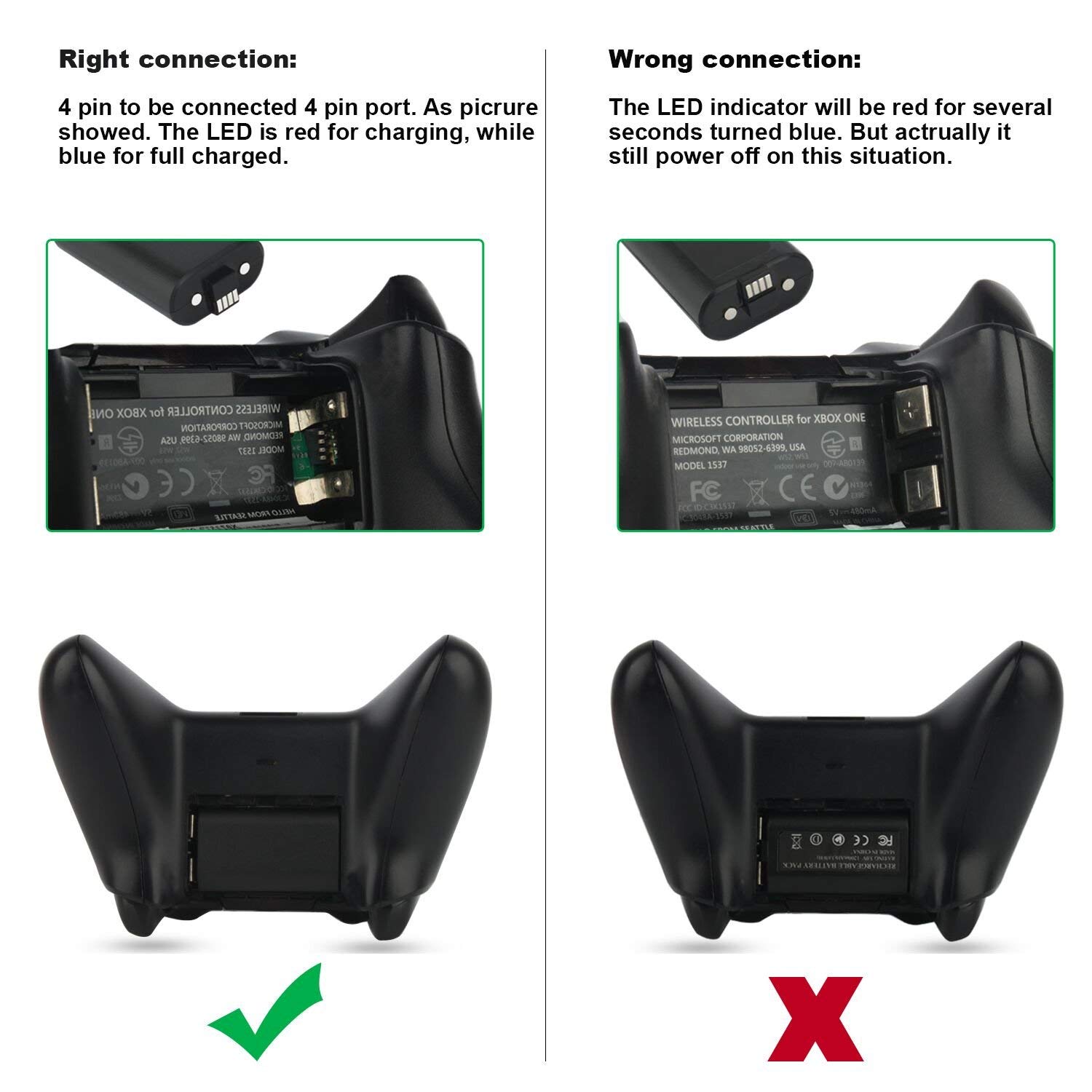 Xbox One Battery Pack 2PCS x 1200 mAh Xbox One Rechargeable Battery and 5FT Micro USB Charging Cable with LED Indicator Light Kit for Xbox One/Xbox One X/Xbox One S Wireless Controllers