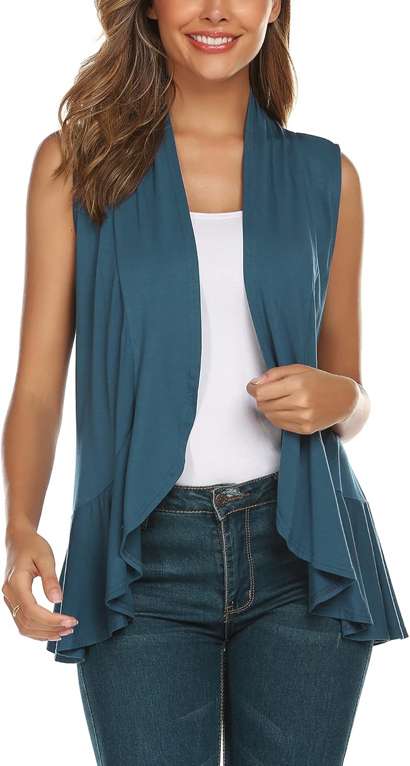 Zeagoo Women's Sleeveless Draped Open Front Cardigan Ruffles Hem Vest at  Women’s Clothing store
