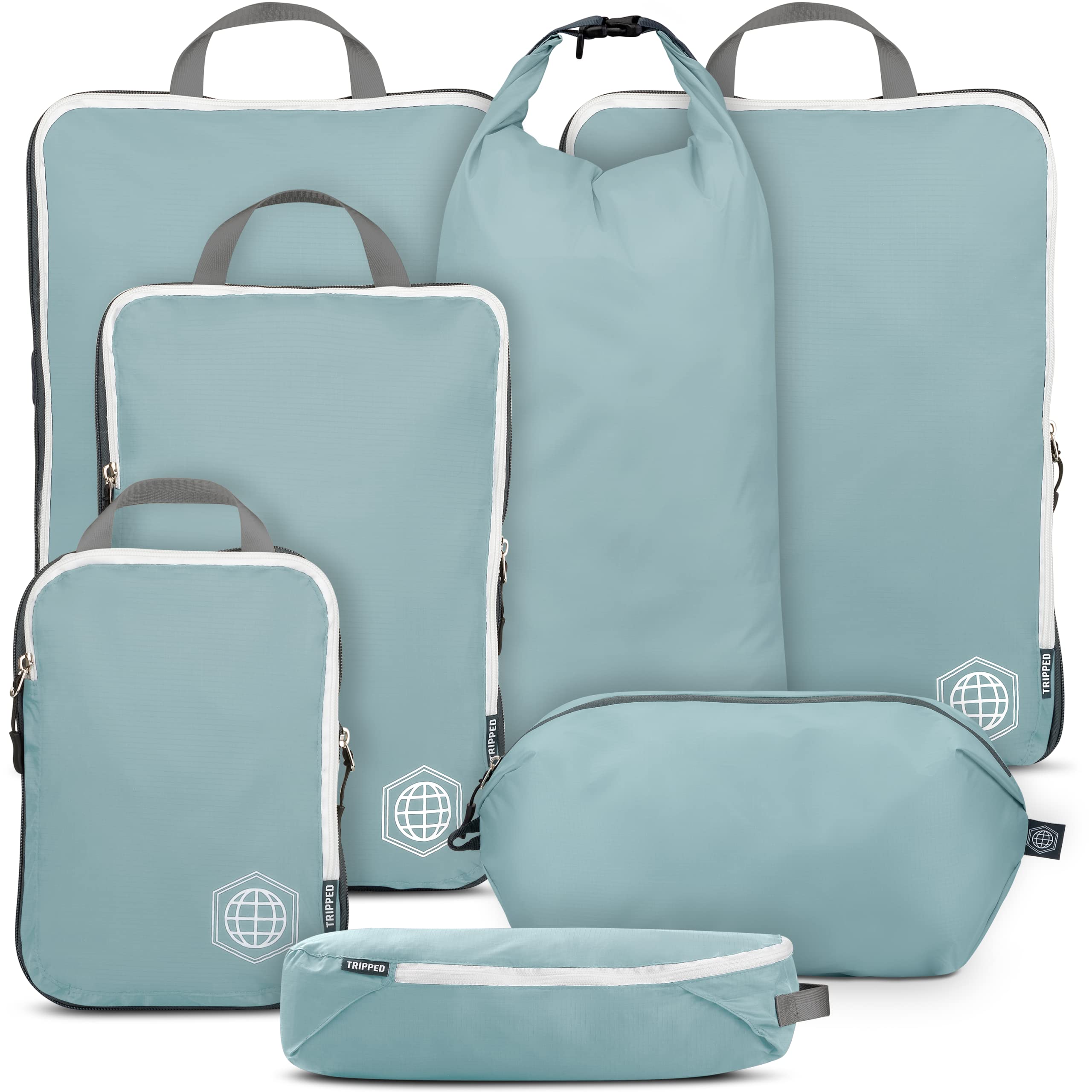 Large Compression Packing Cubes for Travel-Packing Cube Luggage Organizers 7 Piece Set for Checked Luggage-Ultralight, Expandable/Compression Bags by TRIPPED Travel Gear (DustyTeal/White)