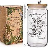Enanaimg Opossum Raccoon Hug Cartoon 16oz Glass Cup with Lid and Straws Gifts for Women Best Friend Bestie - Together In Trash, Funny Raccoon Birthday Presents for BFF Boyfriend Girlfriend Men