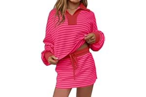Fisoew Womens Striped 2 Piece Outfits Casual Sweatshirt Skirt Set Long Sleeve Skort Workout Set Matching Lounge Sets