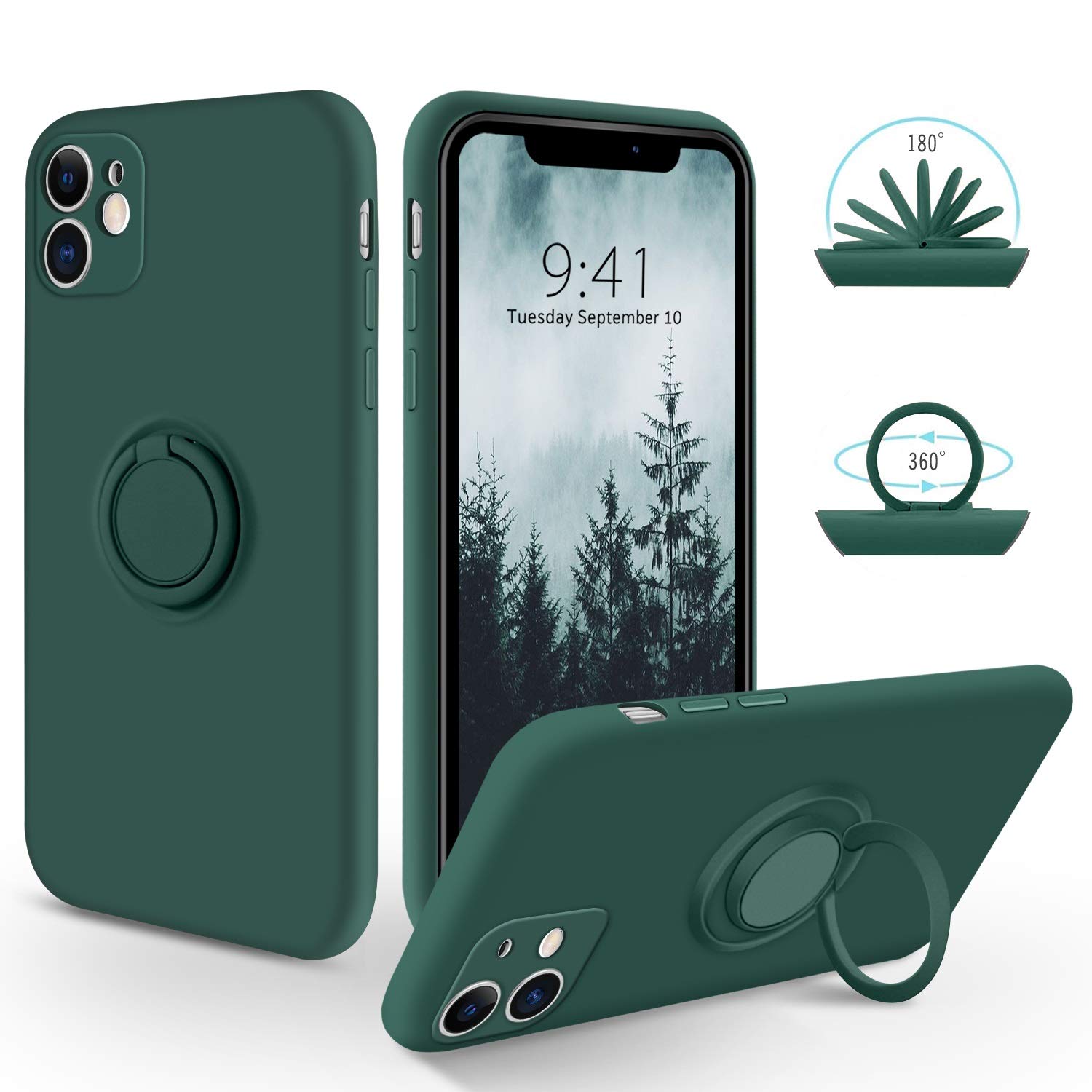 SouliGo for iPhone 11 Case Silicone Gel with 360° Ring Holder Kickstand【Compatible Magnetic Car Mount】 Slim Fit Soft Rubber Protective Shockproof Phone Cover Cases for iPhone 11 6.1" - Midnight Green