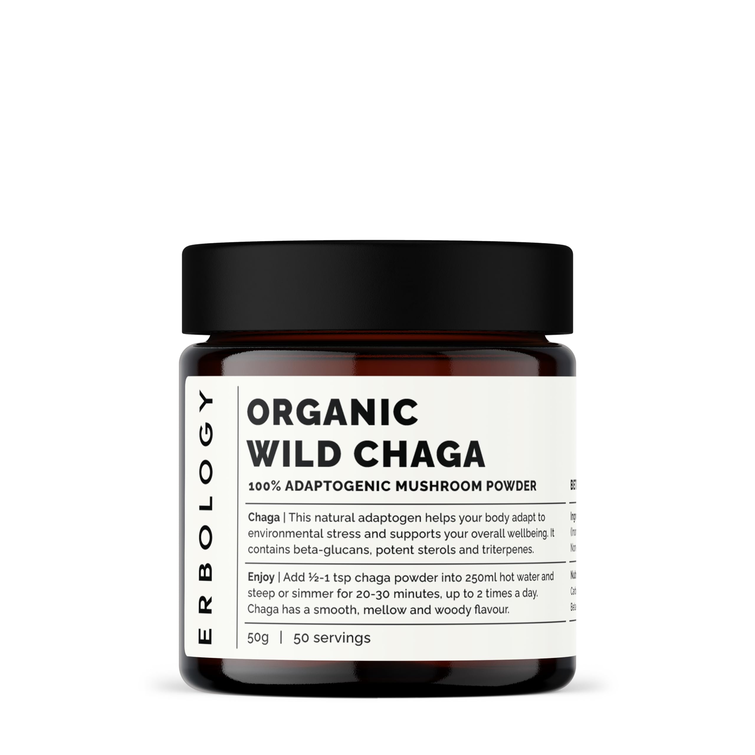 Erbology Organic Chaga Mushroom Powder 50 Servings - 7% Beta-glucans - Immunity Support - Inonotus Obliquus - Small Batch - Sustainably Wild Harvested in Finland - Vegan - Non-GMO - No Added Fillers