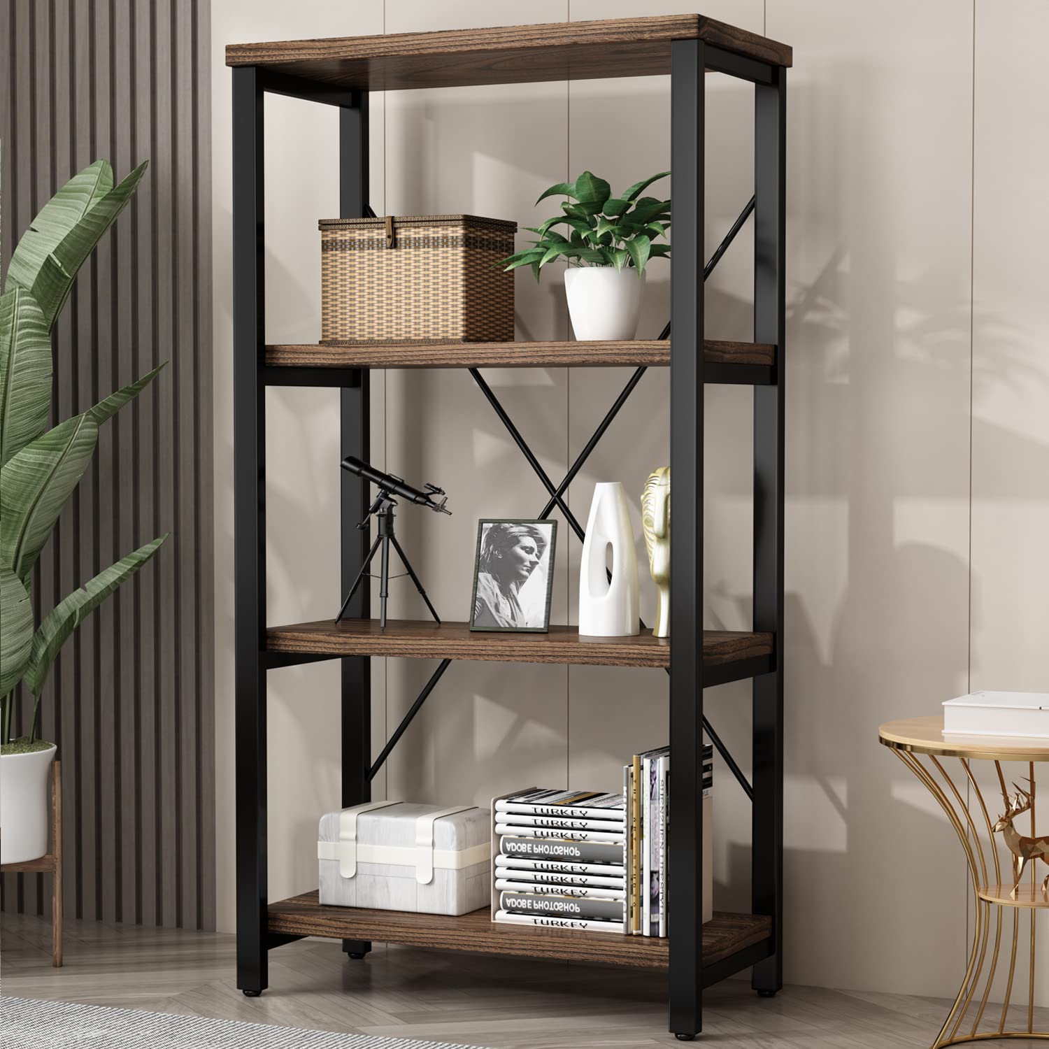View 1 of AY-AOYUAN 4 Tier Bookshelf, Solid Wood Bookcase Shelf Storage Organizer, Vintage Storage Rack with Open Shelves Rustic Standing Bookshelves for Living Room,Bedroom Rustic Brown(AY01-4tier)