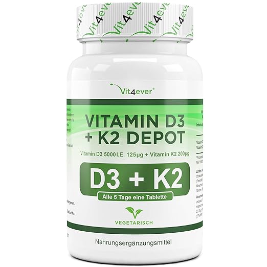 Vit4ever® Vitamin D3 5000 I.E + Vitamin K2 200 mcg Menaquinon MK7 Depot - 180 Tabletten - 99% All-Trans - Laborgeprüft - Alle