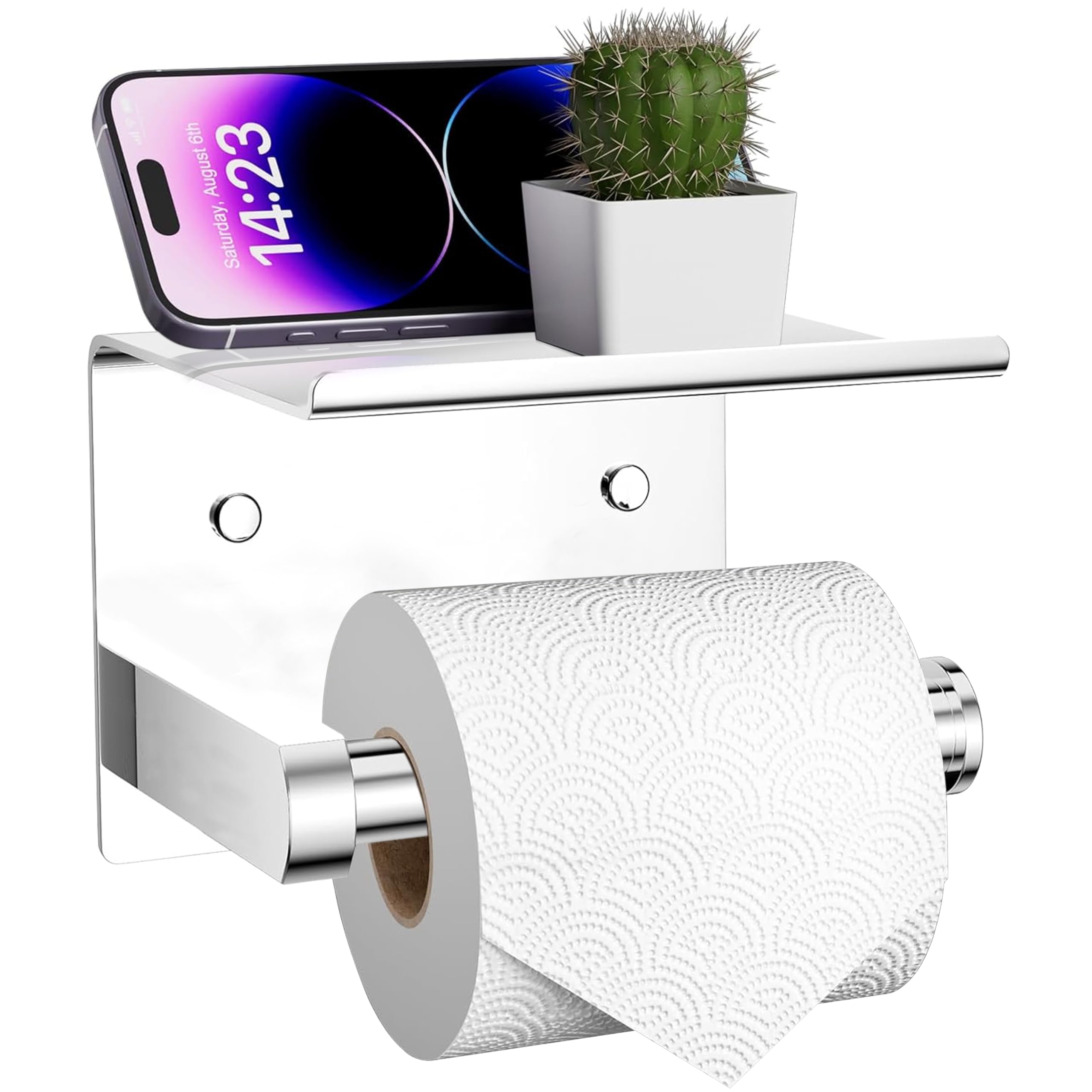 ARSUK Toilet Roll Holder – Stick or Drill Toilet Roll Storage Wall Mounted – Self Adhesive Chrome with Shelf – Toilet Paper Stainless Steel Loo Holder for Bathroom, Washroom, Kitchen In Silver
