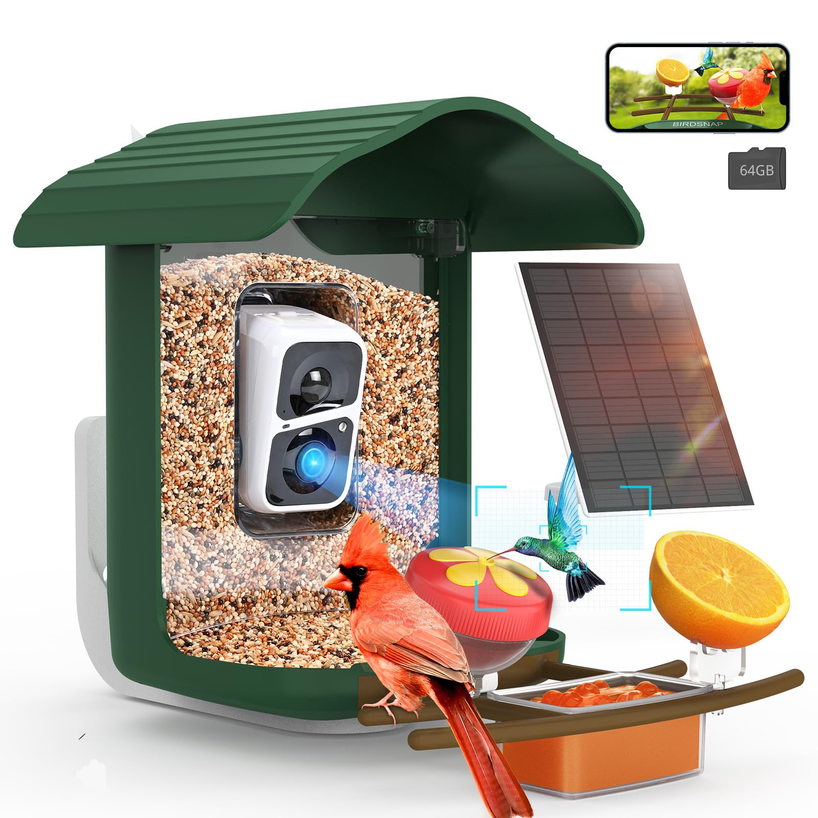 birdsnap® PAV- Smart Bird Feeder with Camera Solar Powered, 64GB Card & 2K HD Record Video Bird Camera Live with 5 DIY Add-ons, AI Identify Auto Capture, Ideal Gift for Birds Lover Image