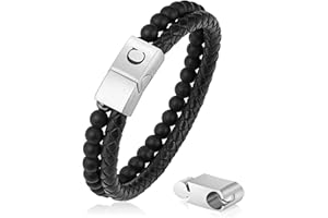 LUXEJEW Gifts for Men - Mens Bracelet, Beaded Leather Initial Bracelet 6mm Matte Agate Stone Handmade Bracelets Adjustable Stainless Steel Magnetic Clasp Mens Jewelry Gifts