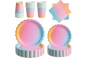 PYAILI 96 Pcs Rainbow Colors Party Tableware Set, Paper Plates Cups Napkins, Dinnerware Set for Kids Adult Birthday,Wedding,B