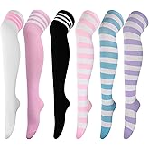 DRESHOW 6 Pairs High Thigh Socks Striped Over Knee Thin Tights Long Stocking for Women Leg Warmer