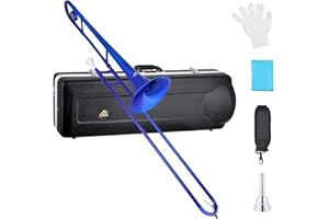 EASTROCK Bb Tenor Slide Trombone, B Flat Brass Plated Trombone Instrument for Beginners Students with Hard Case, with Mouthpiece, White Gloves (12.5mm/200 mm), Blue