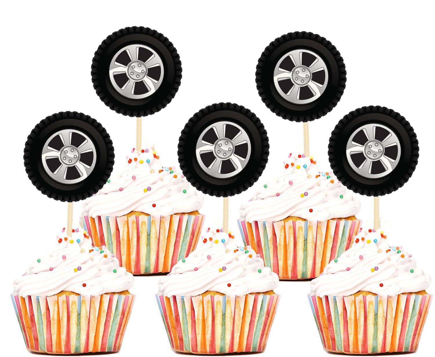 Photo 1 of 50pcs Tire Cupcake Toppers, Cupcake Decorations with Tire Wheels for Racing Theme Party Baby Shower Boys Girls Happy Birthday Party Decorations