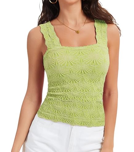 Womens Floral Jacquard Tank Tops Summer Square Neck Straps Crop
