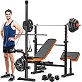 Fostoy 880lbs Weight Bench Set with LAT Pulldow, Bench Press Rack with Leg Extension/Curl and Preacher Curl, 8 in 1 Olympic Weight Benches for Home Gym Full-Body Adjustable Strength Training Equipment