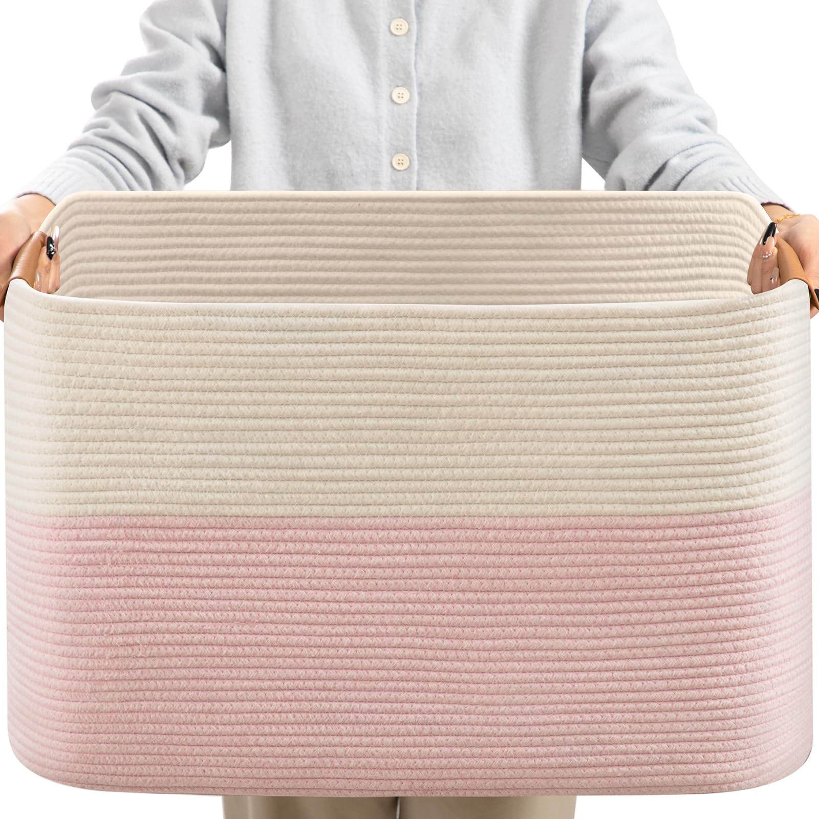 Photo 1 of danpinera Large Woven Basket 25’’*16’’*16’’ Rectangle Woven Baskets for Storage, Storage for Living Room, Soft Cotton Rope Basket With Handle, Large Basket for Kids Dog Toys, 108L Pink+White