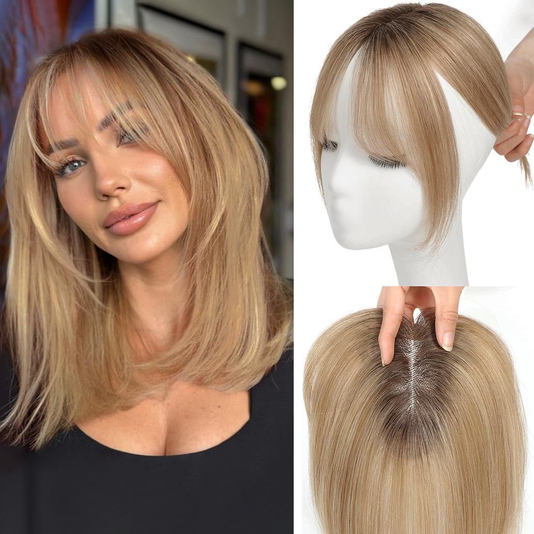 Photo 1 of UDU Real Human Hair Toppers with Thinning Hair & Ombre Blonde Bangs for Hair Loss