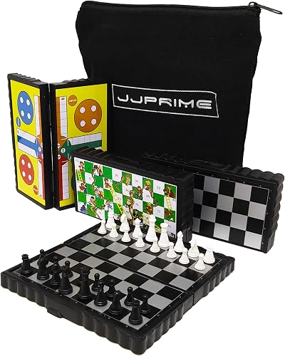 JJ PRIME Magnetic Travel Board Games Set of 4 Chess Draughts Ludo Snakes &
