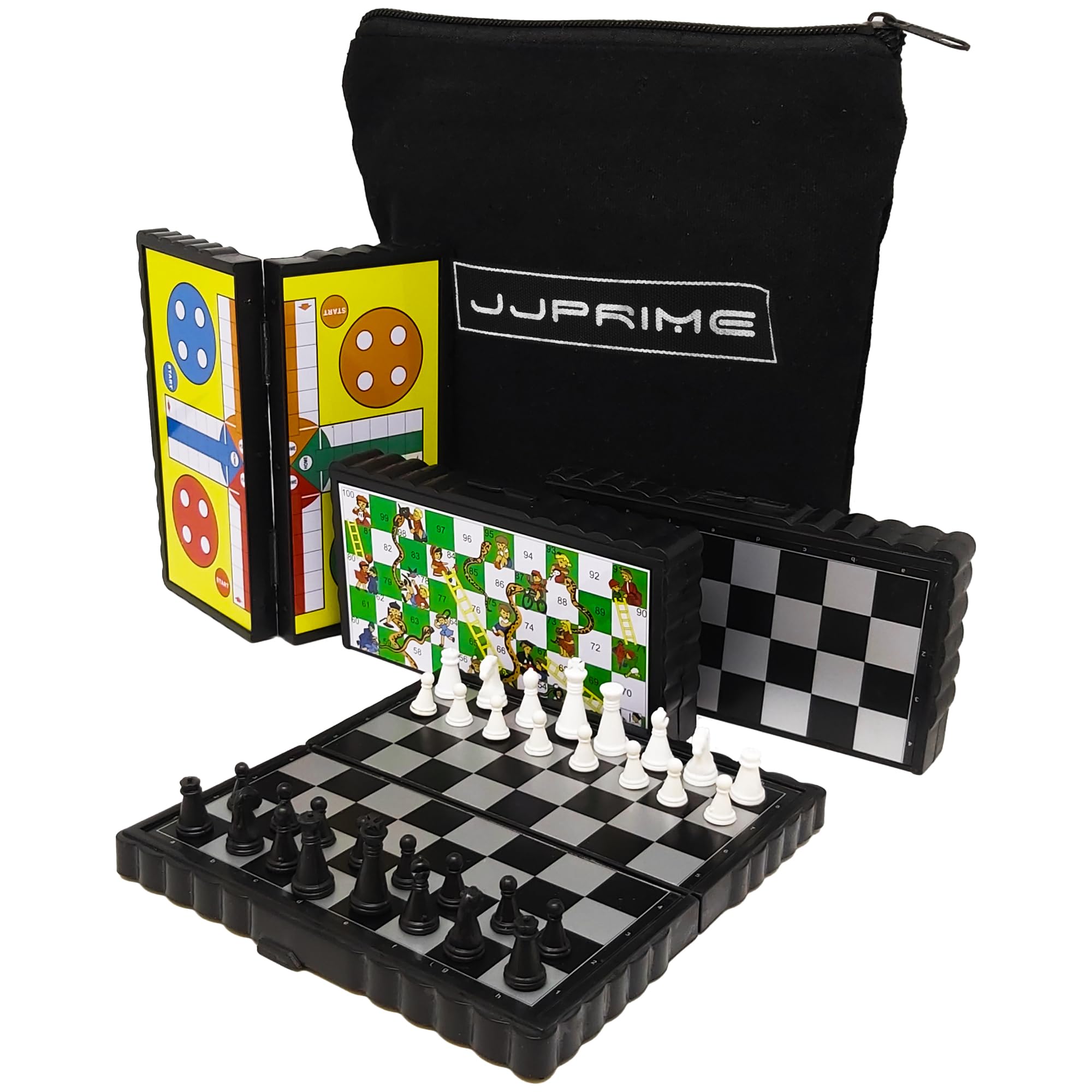 JJPRIME - Magnetic Travel Board Games Set of 4 Chess, Draughts, Ludo, Snakes and Ladders Game for Kids Travel Games For Kids On Plane | Magnetic Games For Kid Travel Chess Set Magnetic with Pouch