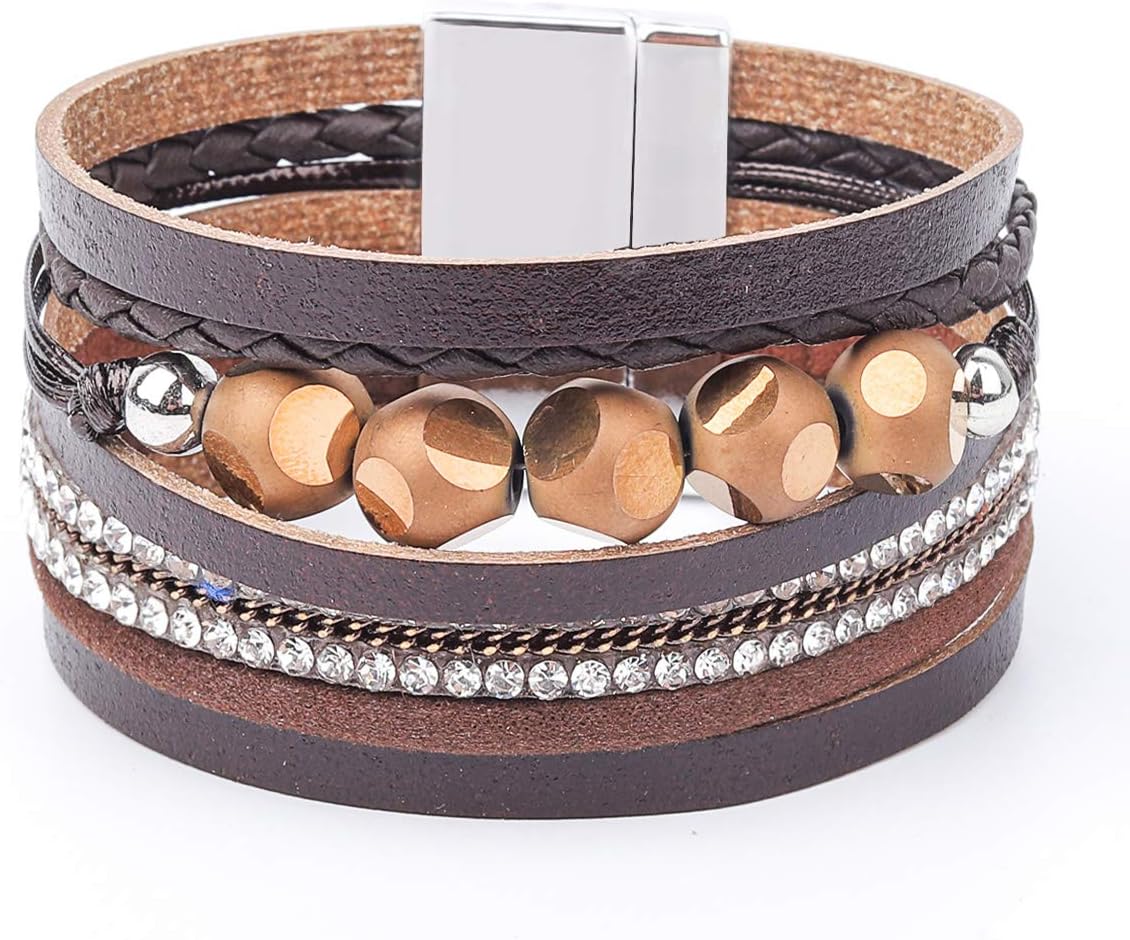 Leather Wrap Bracelets for Women, Multilayer Boho Double Wrap Bracelet Marble Beads Boho Wrap Bracelet Magnetic Clasp Cuff Bracelet Bohemian Jewelry Gift for Women