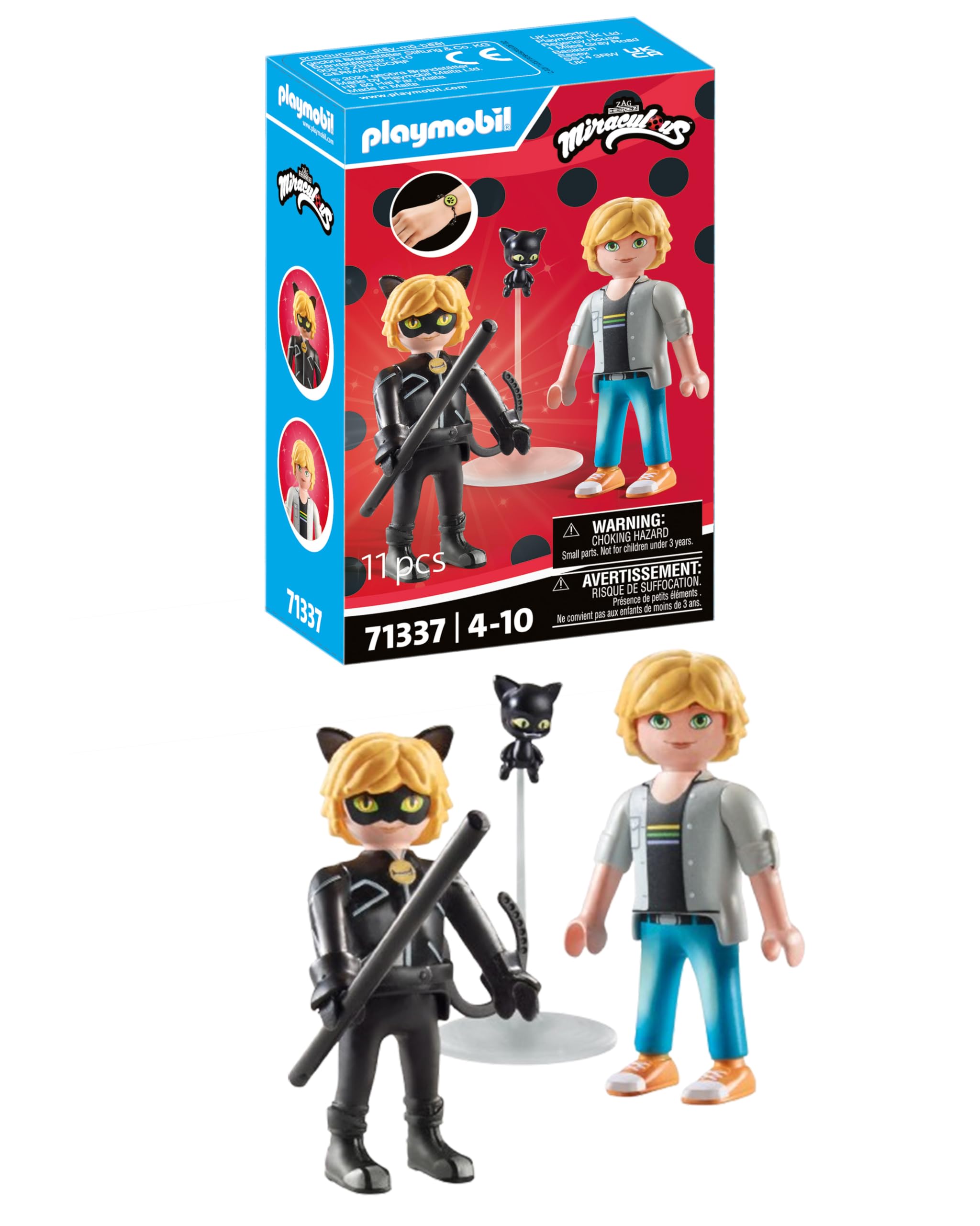 Playmobil 71337 Miraculous: Adrien & Cat Noir, including Kwami Plagg and diverse accessories, adventure with Ladybug, fun imaginative role play, detailed play sets suitable for children ages 4+