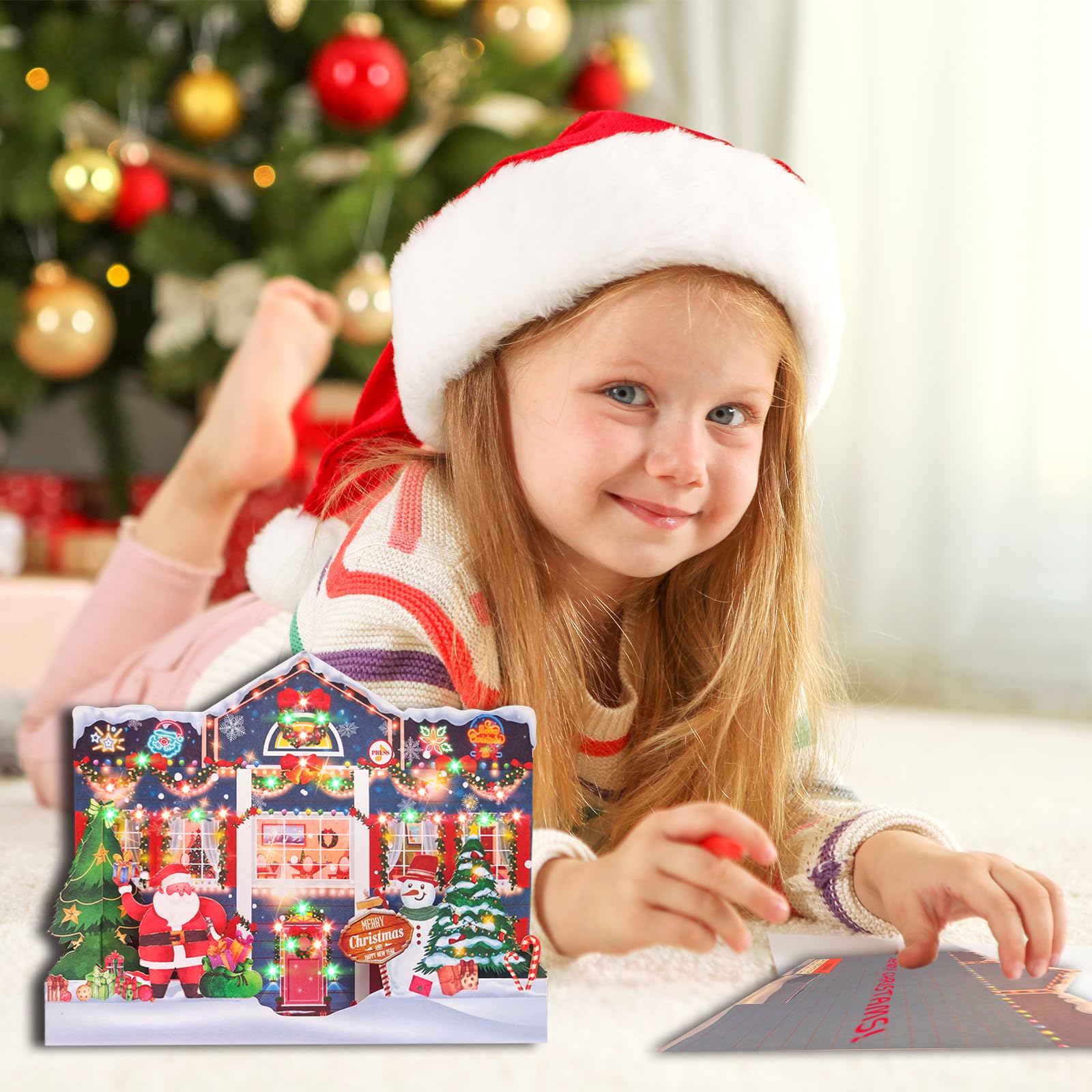 MZD8391 3D Pop Up Christmas Cards with Music and Lights, Animated Christmas Gift Card, Playing 3 Songs with 3 Matching Lights Blinking Modes (Envelope Included)