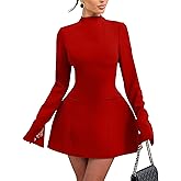 YMDUCH Women's Elegant Long Sleeve Mock Neck Backless A-line Party Mini Dress