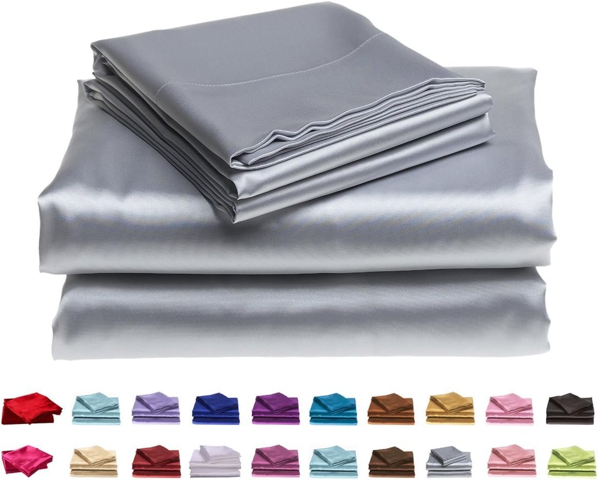 Cloud Fino 4 Piece Silk Satin Bed Sheets Set with Fitted Sheet, Flat Sheet, Pillowcases - Silky Soft Luxurious Quality (Queen, Silver Grey)