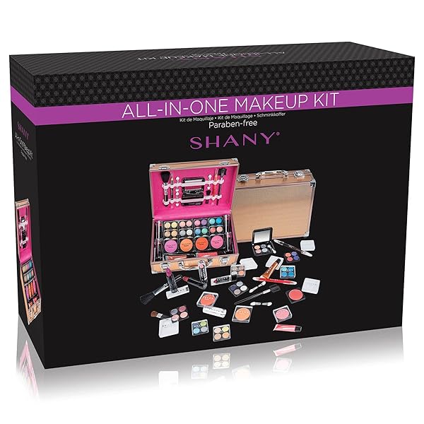 SHANY CARRY ALL MAKE UP TRAIN CASE WITH PRO MAKEUP SET, BEAUTY BRUSHES, LIPSTICKS, EYE SHADOWS, BLUSHES, POWDERS, AND MORE – REUSABLE COSMETICS STORAGE ORGANIZER – PREMIUM GIFT PACKAGING – ROSE GOLD