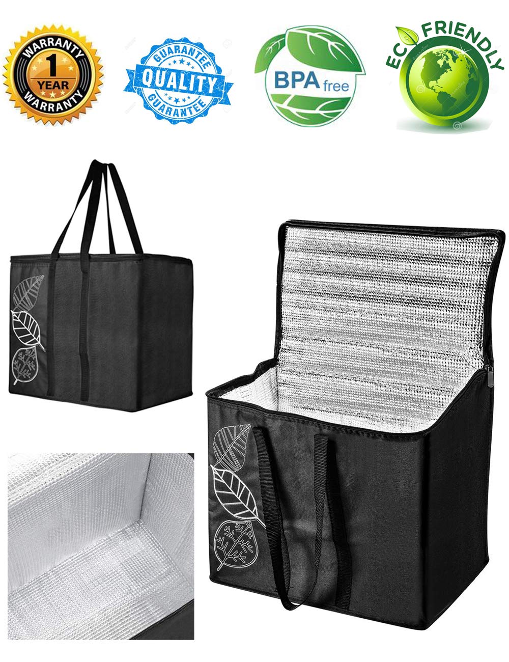 grocery bags cooler bag Insulated Food Delivery Grocery Bag (Set of 2) Collapsible Extra Large Reusable Shopping Tote Zipper TOP LID for Hot or Cold Food Reinforced - 600D Oxford Cloth Made - 32ounce
