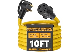 Kanayu 10 ft Generator Transfer Switch Adapter Cord Compatible with Nema Tt-30p to L14-30r, 30 Amp 3 Prong to 4 Prong Generator to House Inlet Box Adapter, STW 10 Awg, Etl Listed