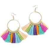 Honbay 1 Pair of Colorful Bohemian Big Circle Fan Shape Tassel Earring Fashion Dangle Drop Earring