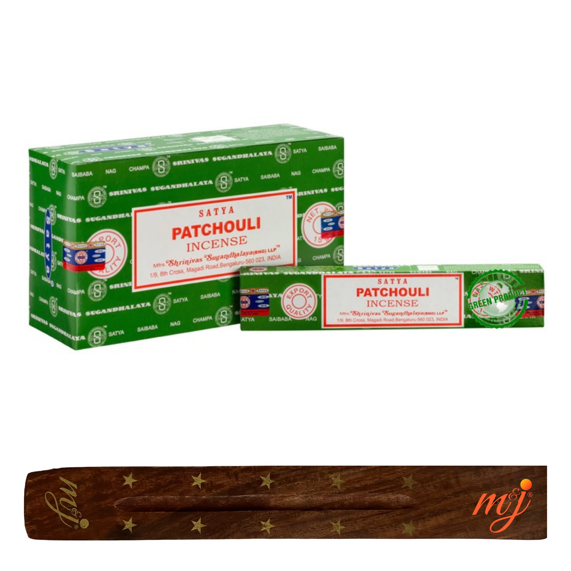 Original Satya Nag Champa Patchouli Incense Sticks | with M&J incense sticks holder | Full Box | for Aromatherapy, Spa, Yoga, Weddings, Meditation, Healing, Positivity and Relaxation