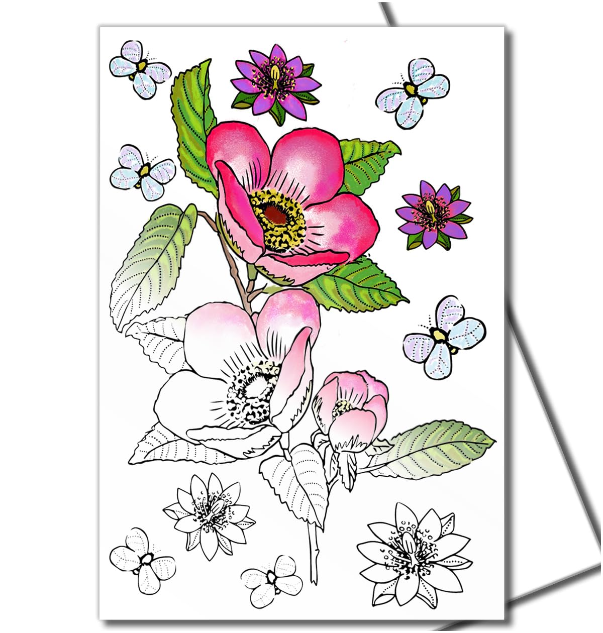 Art Eclect Floral Colouring Cards, Colour Your Own Cards for All Occasions, 10 Designs with Envelopes, (Set Flowers B/White)