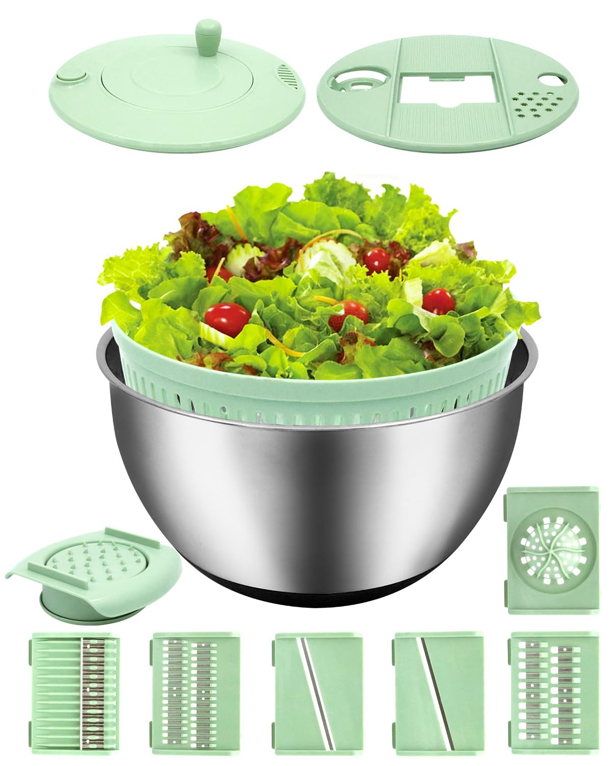 VVAKAM 5.3QT Salad Spinner Large,Stainless Steel Lettuce Spinner,Fruit Vegetables Wash Bowl with 5 Blade Slicer,Egg Yolk Strainer Slicer Shredder,Kitchen Colander for Salad Make and Food Washing