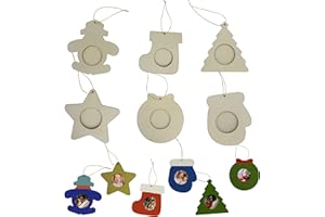 4E's Novelty DIY Wooden Picture Frame Christmas Ornaments Crafts (12 Pack) Bulk Unfinished Wood Ornaments to Paint for Adult & Kids