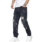 Verdusa Men's Vintage Distressed Ripped Jeans Straight Leg Denim Pants with Pockets
