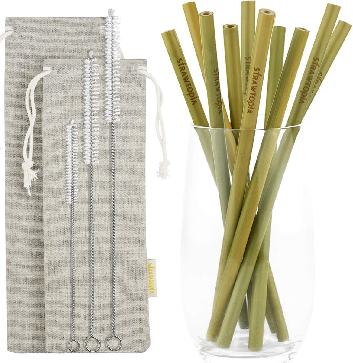 STRAWTOPIA Green Bamboo Straws Reusable with Case (10 Pack) Natural Organic Straws for Drinking, Cleaning Brushes, Dishwasher Safe (Short/Long)