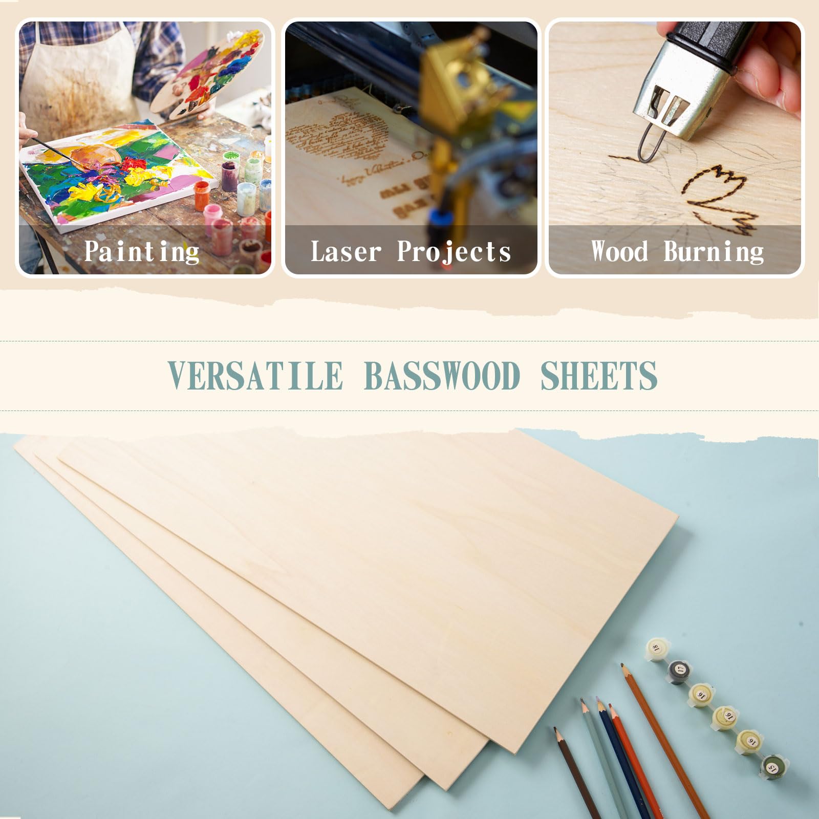 6 Pack 12 x 24 x 1/4 Inch-6mm Thick Basswood Sheets for Crafts Unfinished Plywood Sheets Rectangular Wood Panel Boards for DIY Laser Project, Wood Burning, Engraving, Architectural Models, Staining